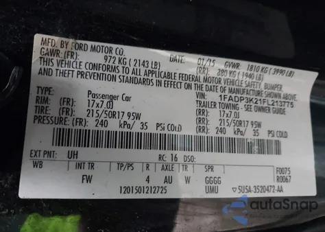 2015 Ford Focus Se из США, поврежденный, VIN 1FADP3K21FL213775